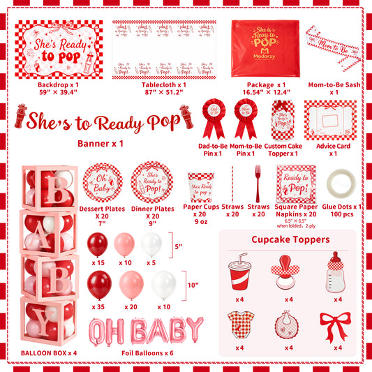 She's Ready to Pop Baby Shower Decoration Kit | Red & White Retro Soda-Pop | Serves 20