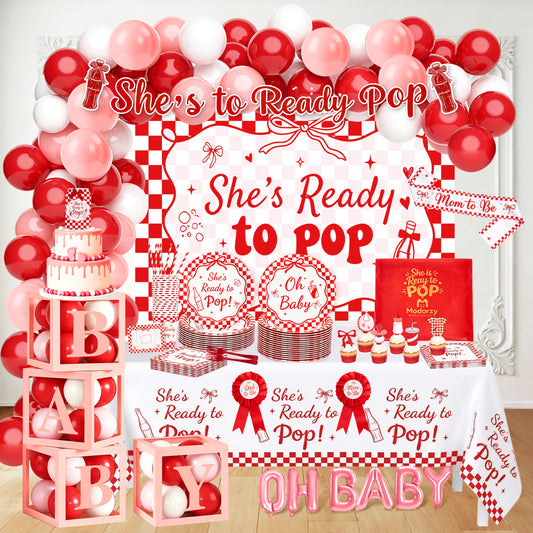 She's Ready to Pop Baby Shower Decoration Kit | Red & White Retro Soda-Pop | Serves 20