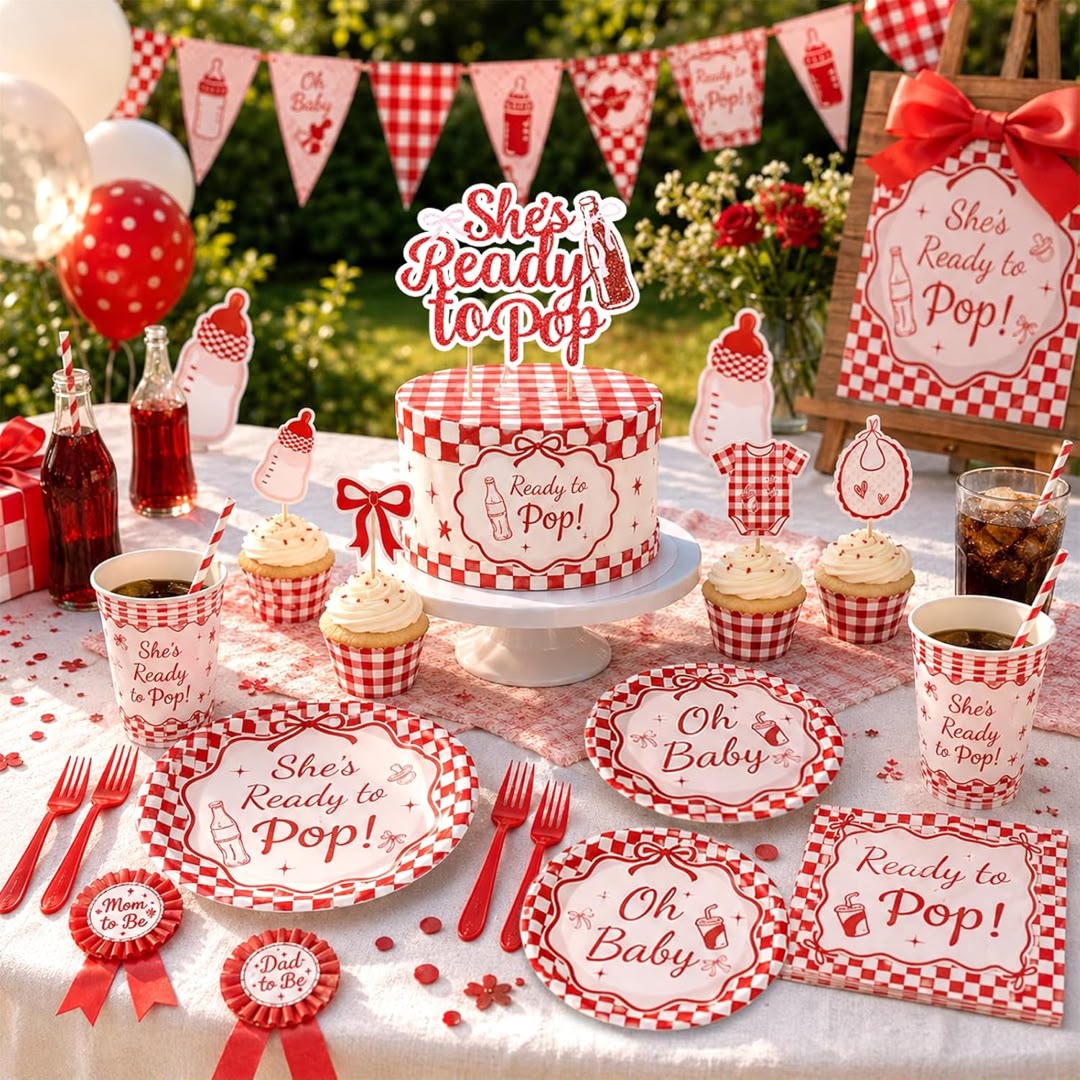 MODORZY |She's Ready to Pop - Baby Shower Decoration Kit | Red & White Retro Soda-Pop Theme | Serves 20