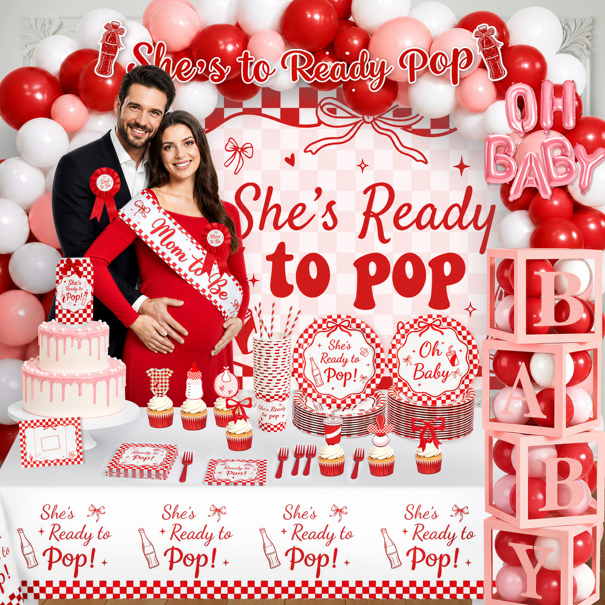 She's Ready to Pop Baby Shower Decoration Kit | Red & White Retro Soda-Pop | Serves 20