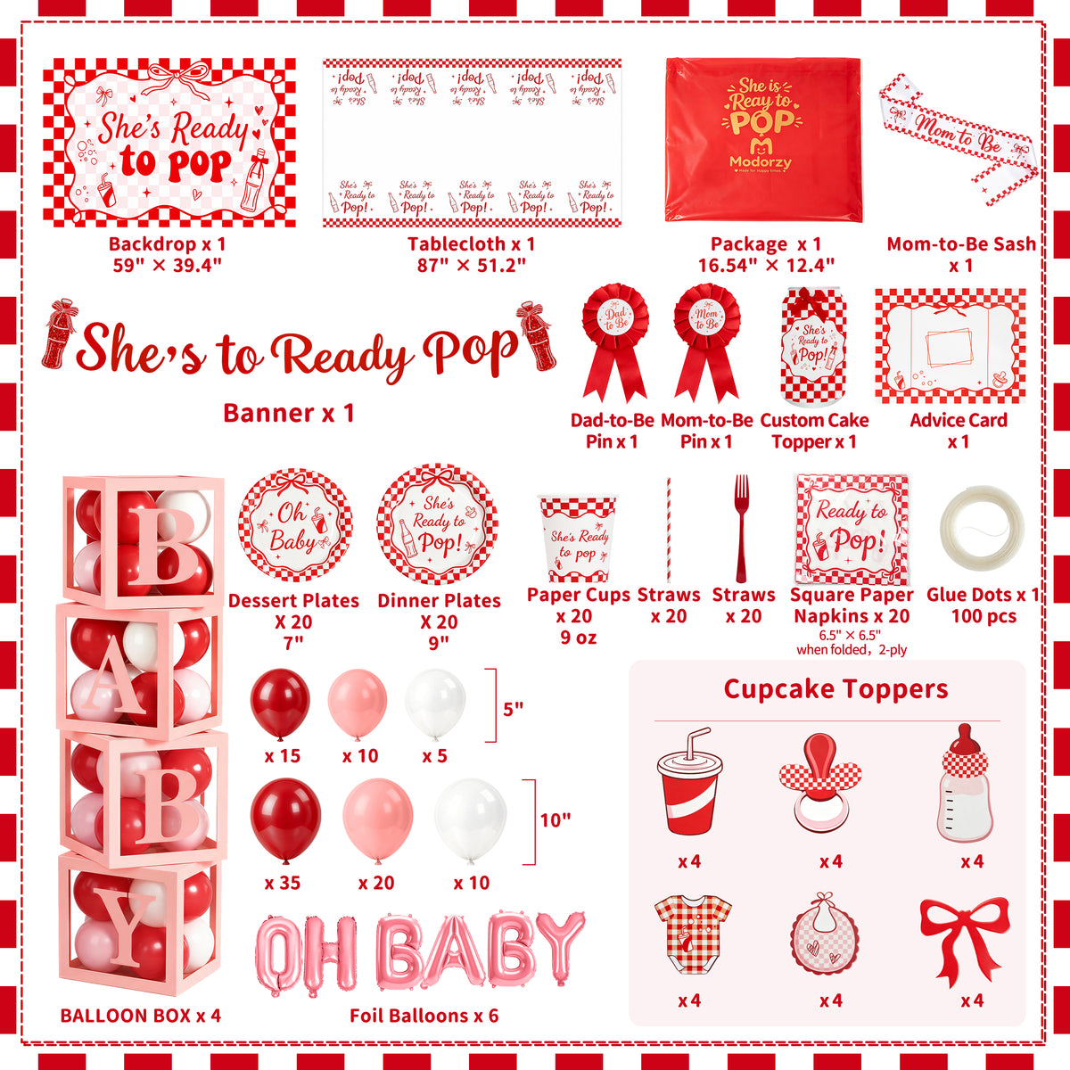 She's Ready to Pop Baby Shower Decoration Kit | Red & White Retro Soda-Pop | Serves 20