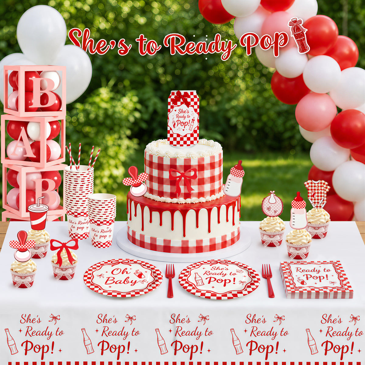 She's Ready to Pop Baby Shower Decoration Kit | Red & White Retro Soda-Pop | Serves 20