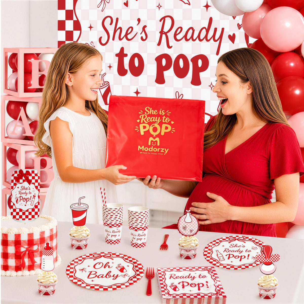 She's Ready to Pop Baby Shower Decoration Kit | Red & White Retro Soda-Pop | Serves 20