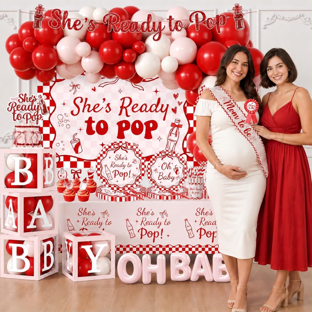 MODORZY |She's Ready to Pop - Baby Shower Decoration Kit | Red & White Retro Soda-Pop Theme | Serves 20
