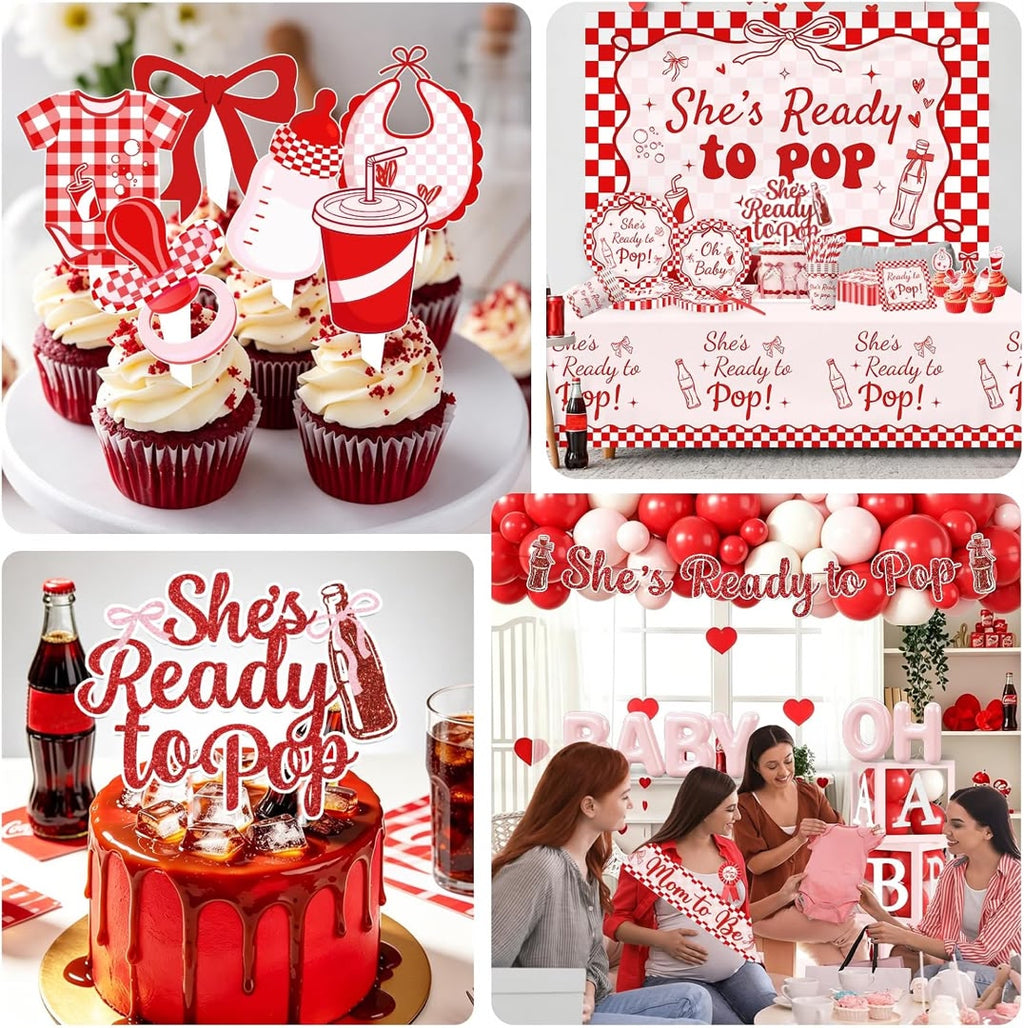 MODORZY |She's Ready to Pop - Baby Shower Decoration Kit | Red & White Retro Soda-Pop Theme | Serves 20